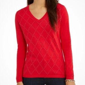 Tommy Hilfiger $78 Small Petite Red Rhinestone Argyle 100% Cotton V-Neck Sweater
